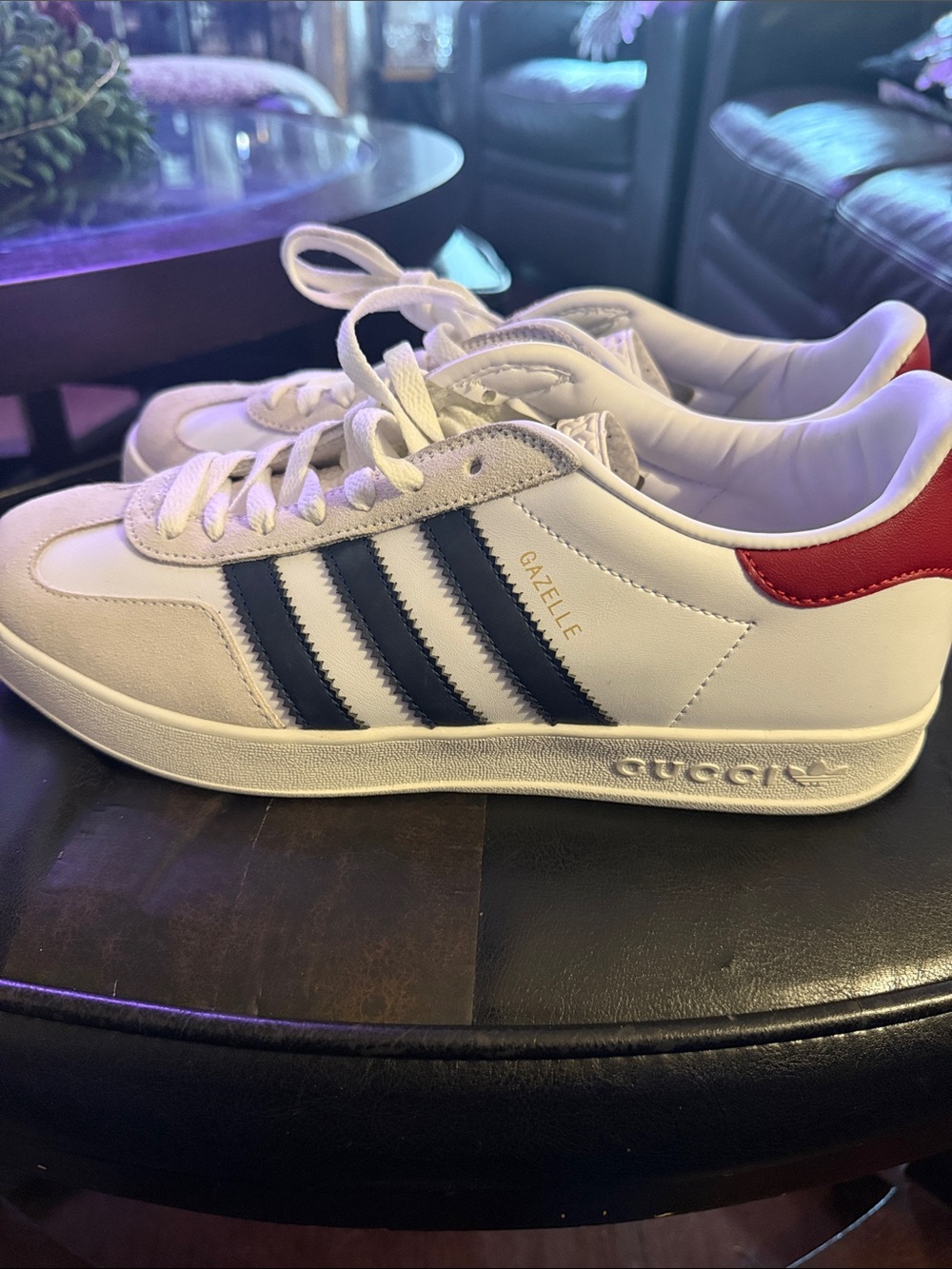 adidas Gazelle White Sneakers with Navy Stripes and Red Heel Tab